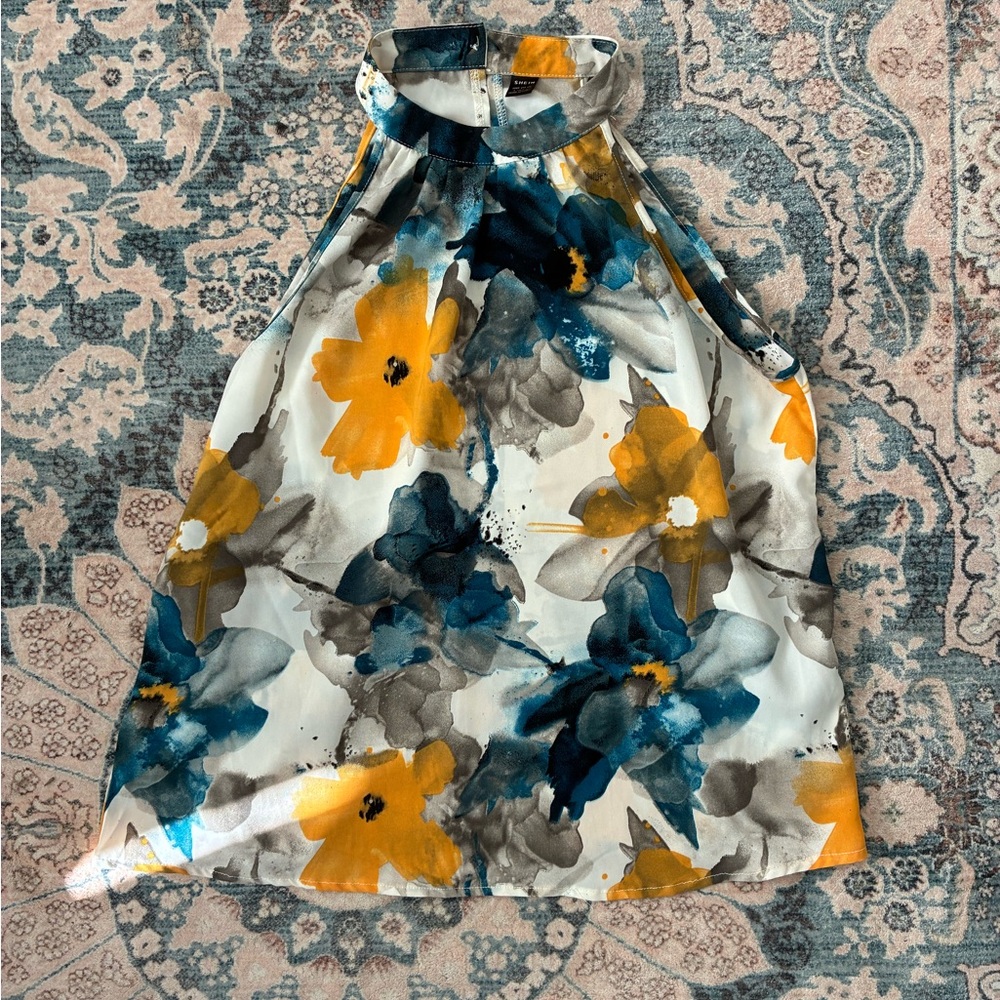 SHEIN Floral Halter Neck Blouse - Blue and Yellow